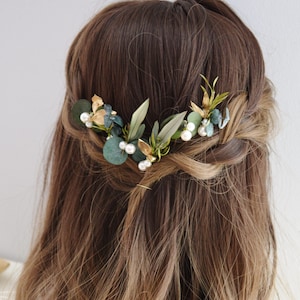 6 épingles à chignon eucalyptus stabilisé, végétaux, perles et détails dorés – bijoux mariage collection eucalyptus