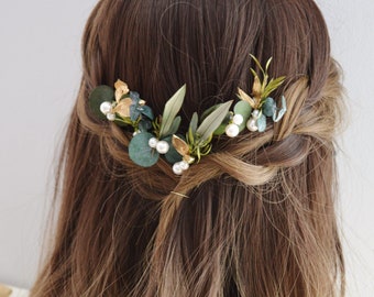6 preserved eucalyptus bun pins, plants, pearls and gold details – wedding jewelry eucalyptus collection