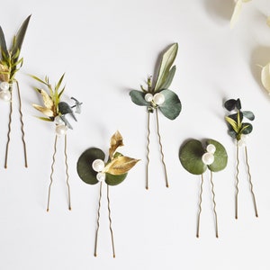 6 épingles à chignon eucalyptus stabilisé, végétaux, perles et détails dorés bijoux mariage collection eucalyptus image 2