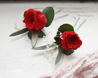 3 fresh preserved red rose bun pins – red rose bridal hairstyle