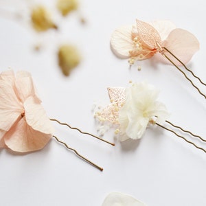 3, 5 épingles à cheveux fleurs ivoire et rose ornées de feuilles or rose image 4