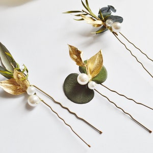 6 épingles à chignon eucalyptus stabilisé, végétaux, perles et détails dorés bijoux mariage collection eucalyptus image 4