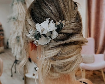 Peigne à cheveux mariage fleurs stabilisées ivoire et eucalyptus- Mariage bohème ou champêtre