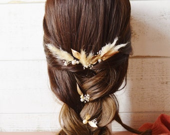 6 pampas bun pins, stabilized golden leaves and pearls – boho chic gipsy wedding hair accessory