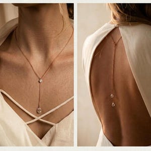Rhinestone wedding back necklace with crystal pendants on the front; 2 teardrop crystals on the back – Simone