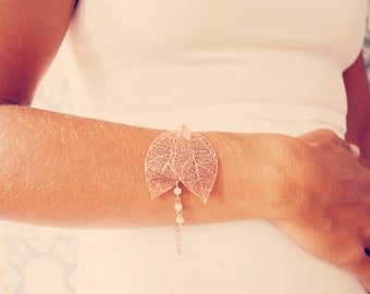 Bracelet mariage or rose à feuilles – bijoux mariée champêtre et nature