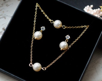Bridal set – necklace + earrings + pearl bracelet – minimalist and chic wedding jewelry