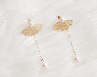 3 in 1 interchangeable rose gold fan and pearl earrings