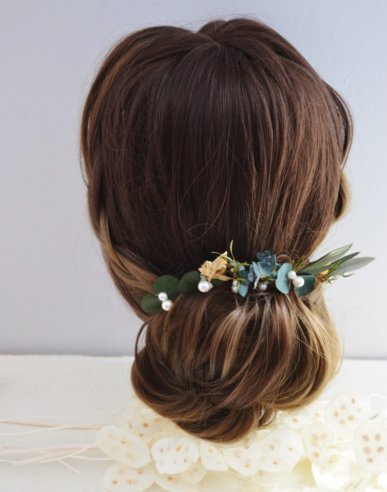 6 épingles à chignon eucalyptus stabilisé, végétaux, perles et détails dorés bijoux mariage collection eucalyptus image 9