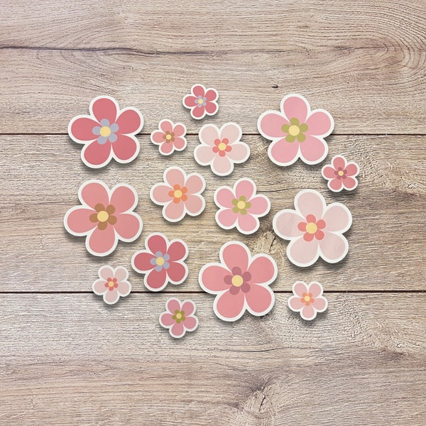 Pink Flowers Vinyl Sticker Set of 6, Flower Pack, 1" 1.5"or 2", Laptop Stickers, Mini Flower Stickers, Water Bottle Sticker, Spring Flower