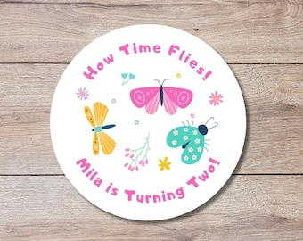 Personalized Times Flies Butterfly Ladybug Kids Birthday Stickers, Custom Thank You Party Favor Gift Bags Labels