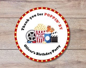 Personalized Thank You Poppin By Popcorn Birthday Stickers, Custom Movie Night Party Favor Gift Bags Labels