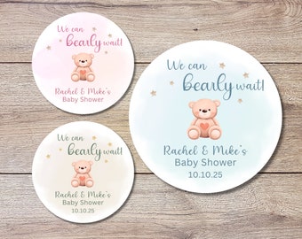 Personalized Baby Shower Stickers, Custom We Can Bearly Wait Party Favor Labels, Teddy Bear Baby Girl Baby Boy Shower Stickers