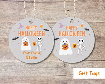 May include: Two round gray gift tags with a ghost and skeleton holding a pumpkin and a cup. The tags have the text "Happy Halloween" and "Your Friend, Stella".