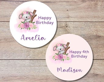 Personalized Floral Koala Bear Birthday Sticker, Custom Kids Party Favor Gift Bag Labels