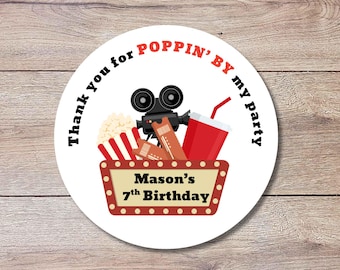 Personalized Poppin By Popcorn Movie Night Birthday Stickers, Custom Thank You Party Favor Gift Bags Labels