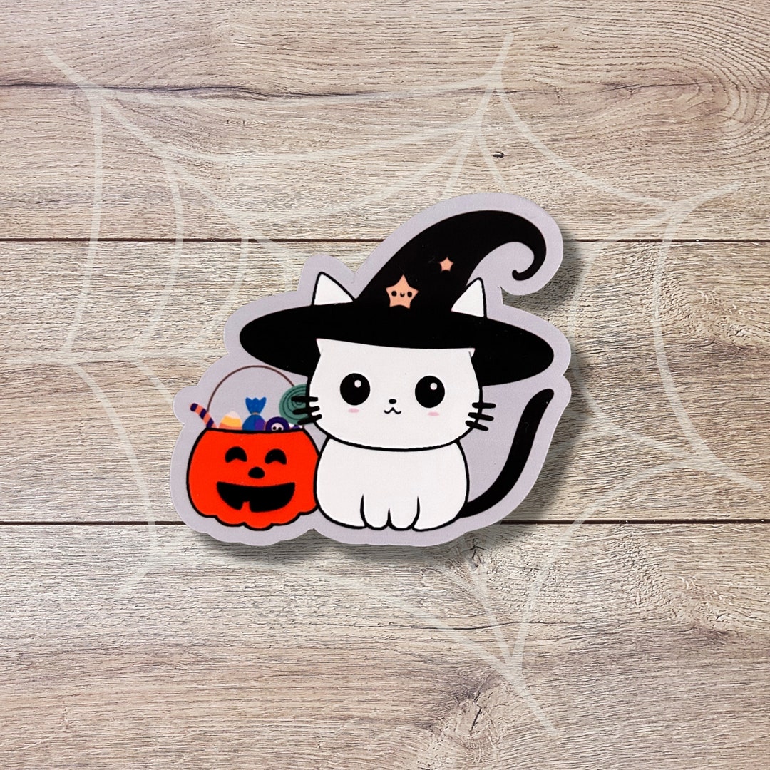 Halloween Witch Hat Cat Vinyl Sticker, Glossy Finish, Spooky Black Cat ...