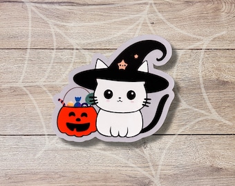 Halloween Witch Hat Cat Vinyl Sticker, Glossy Finish, Spooky Black Cat Pumpkin Halloween Sticker for Laptop Water Bottle Notebook Gift Idea