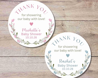 Personalized Floral Baby Shower Stickers, Custom Thank You for Showering Girls Boys Baby Sprinkle Labels