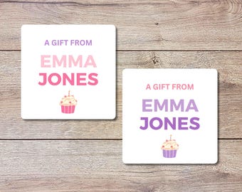 Personalized A Gift From Birthday Cupcake Square Stickers, Custom Kids Party Favor Teacher Gift Bags Labels