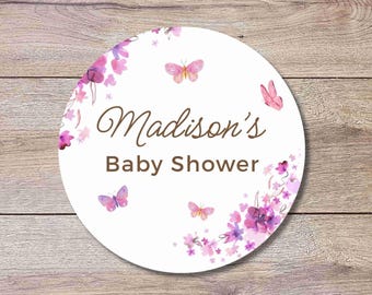 Personalized Pink Purple Butterfly Floral Baby Shower Stickers, Thank You for Coming Party Gift Labels