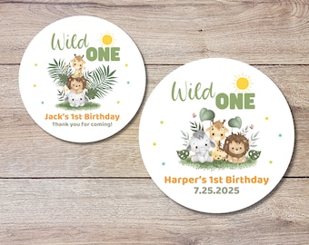 Personalized Safari Animals Wild One Birthday Sticker, Custom First Birthday Party Favor Labels, Kids Jungle Safari Thank You Birthday