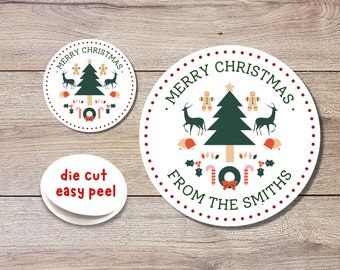 May include: Round Christmas gift tags with a red dotted border. The tags feature a green Christmas tree with red and white candy canes, a wreath, and a red bow. The text reads "Merry Christmas from the Smiths".
