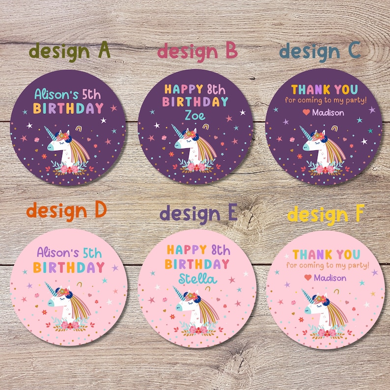 May include: Six different designs for round stickers featuring a unicorn with a rainbow mane and flowers. The stickers have a purple or pink background with white stars and hearts. The text on the stickers includes "Alison's 5th Birthday", "Happy 8th Birthday Zoe", "Happy 8th Birthday Stella", and "Thank You for coming to my party! Madison".