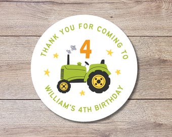 Personalized Farm Tractor Birthday Stickers, Custom Thank You Party Favor Gift Bags Labels