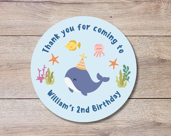 Personalized Under the Sea Creatures Whale Birthday Stickers, Custom Thank You Party Favor Gift Bags Labels