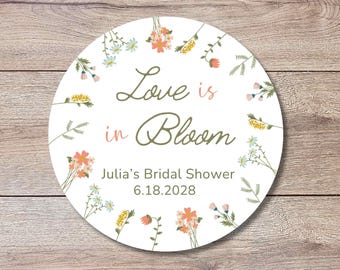 Love is in Bloom Wildflower Floral Wreath Bridal Shower Personalized Stickers, Custom Thank You Labels
