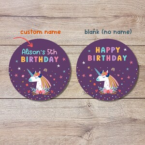 May include: Two purple round stickers with a unicorn illustration and a pink, yellow, and blue "Happy Birthday" message. One sticker has the text "Alison's 5th Birthday" on it.