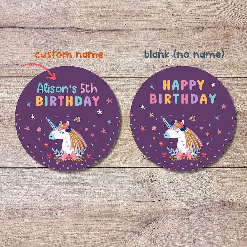 May include: Two purple round stickers with a unicorn illustration and a pink, yellow, and blue "Happy Birthday" message. One sticker has the text "Alison's 5th Birthday" on it.