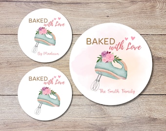 Personalized Baked with Love Stickers, Customized Baked Goods Label, Baking Stickers, Small Business Bakery Packaging Labels, Party Favor