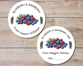 Personalized Blueberry Raspberry Jam Jelly Stickers, Custom Homemade Fruit Canning with Date Line Labels
