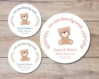 Personalized Baby Shower Stickers, Custom We Can Bearly Wait Party Favor Labels, Teddy Bear Baby Girl Baby Boy Shower Stickers