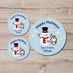 Personalized Christmas Stickers | Matte or Glossy Finish, Custom Christmas Label, Happy Holidays Label, Easy Peel Sticker, Snowman Christmas