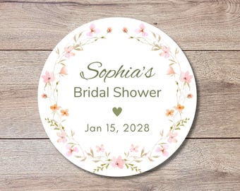 Wildflower Floral Wreath Bridal Shower Personalized Stickers, Custom Thank You Labels for Baby, Birthday, Wedding or Any Events