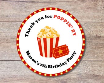 Personalized Thank You Poppin By Popcorn Movie Night Birthday Stickers, Custom Kids Party Favor Gift Bags Labels