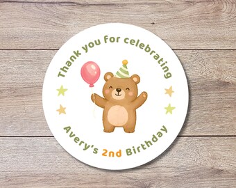Personalized Bear Kids First Birthday Stickers, Custom Thank You Beary Much Party Favor Gift Bags Labels