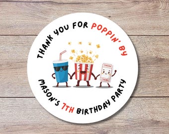 Personalized Thank You Poppin By Popcorn Birthday Stickers, Custom Movie Night Party Favor Gift Bags Labels