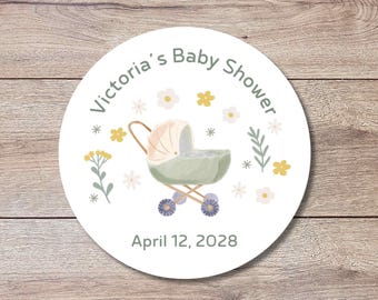 Personalized Floral Baby Carriage Stickers, Custom Baby Shower Thank You for Showering Labels