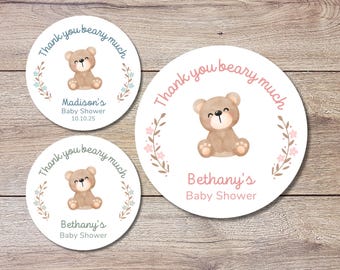 Personalized Baby Shower Stickers, Custom Thank You Beary Much Party Favor Labels, Teddy Bear Baby Girl Baby Boy Shower Stickers