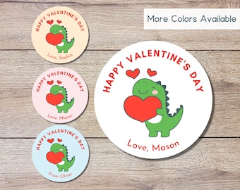 Personalized Valentine's Day Stickers, Matte or Glossy Finish, Custom Valentine Label, Valentine Favor Treat Bag Sticker, Dinosaur Valentine