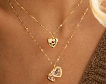 Custom Heart Locket Photo Necklace with Birthstone, Personalized Memorial Birthday Gift, Anniversary Gifts, Pet Photo Jewelry, Gifts for Her