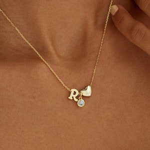 Custom Birthstone Inital Necklace, Heart Pendent Necklace, Initial Necklace for Kids, Personalized Gift,Birthday Gift for Kids, Gift for her
