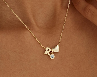 Custom Birthstone Initial Necklace, Heart Pendent Necklace, Initial Necklace for Kids, Personalized Gift, Birthday Gift for Kids, Gift for her