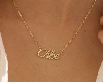 Collier de nom en cristal plaqué or 14K, collier de nom Dainty Pave avec diamant CZ, collier en or personnalisé, cadeau d’anniversaire pour elle, pour maman