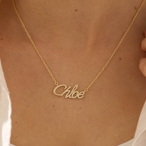 14K Gold Plated Crystal Name Necklace, Dainty Pave Name Necklace with CZ Diamond, Personalized Gold Necklace, Birthday Gift for Her, For Mom