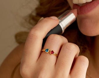 Custom Hearts Birthstone Ring, Double Birthstones Open Ring, Dainty Women Adjustable Band, Personalized Birthday Gift for Her, Gift for Mom
